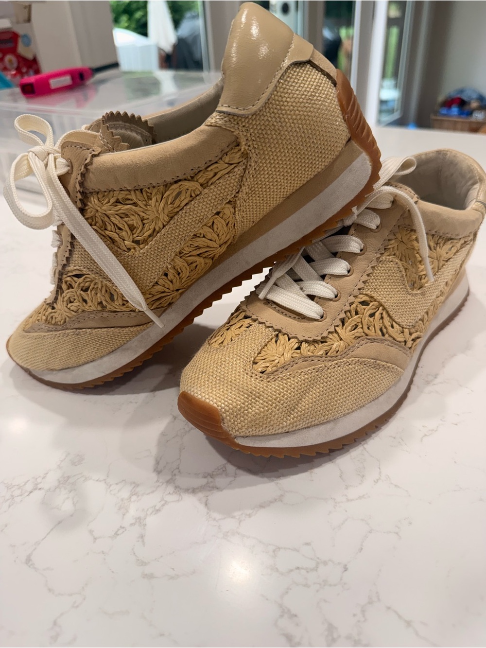 Dolce Vita Beige Woven Raffia-Accent Sneakers